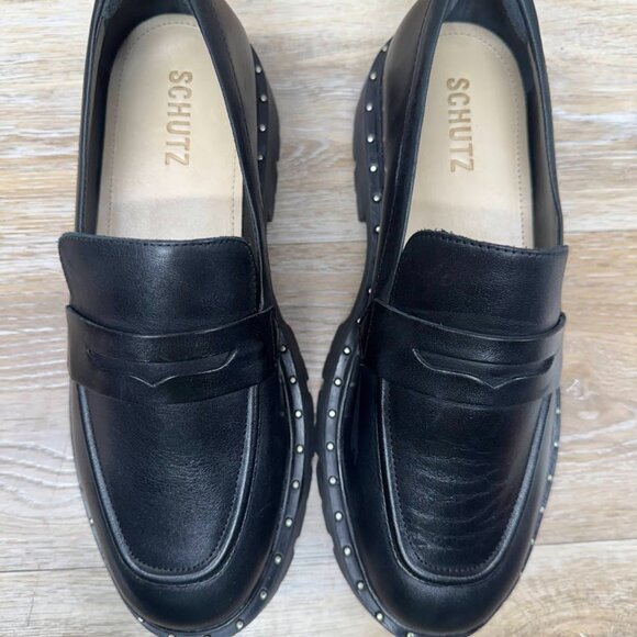 Schutz Christie Black Leather Slip On Studded Loafers Women's Size 8 - Picture 3 of 8